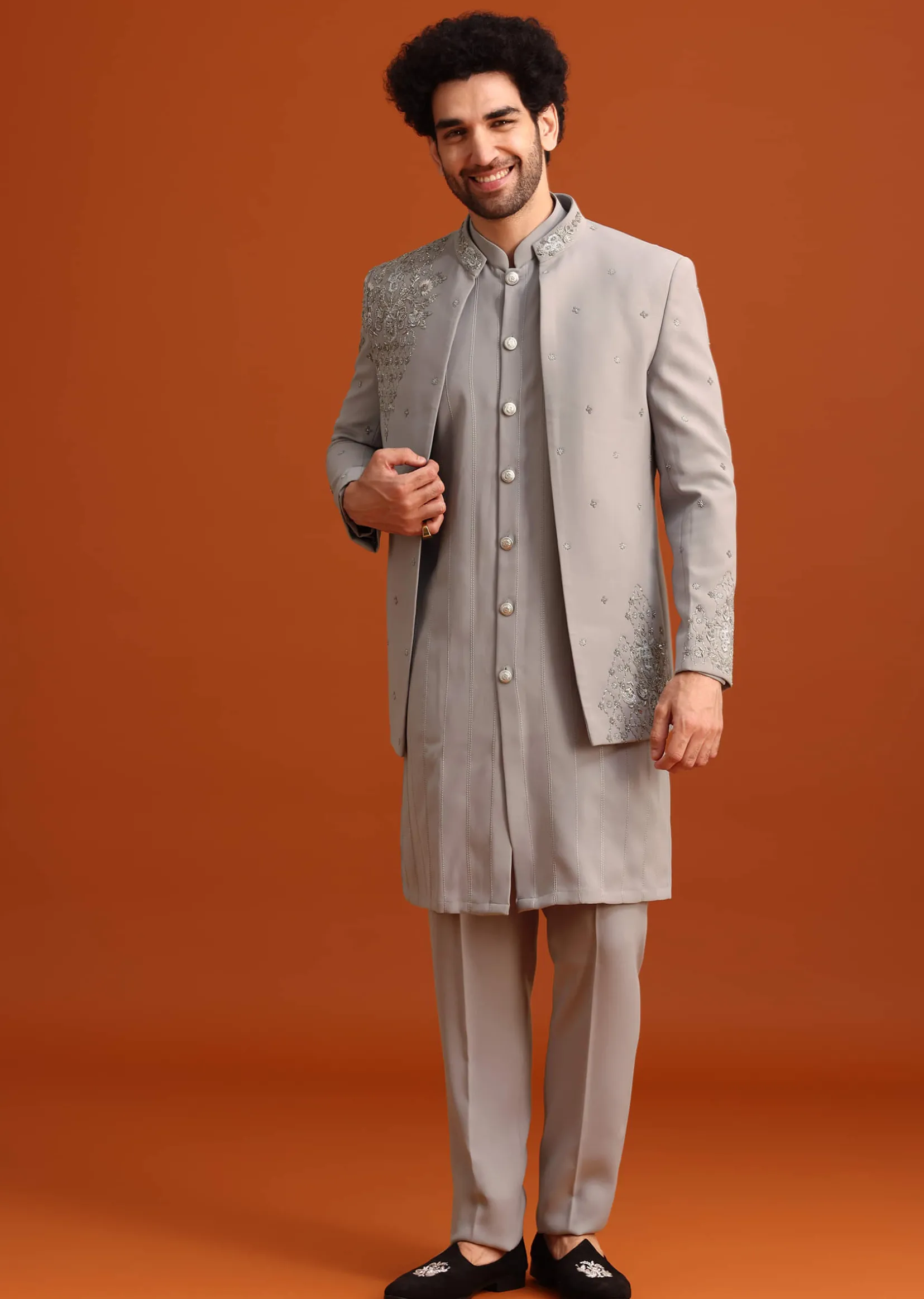 Grey Indo Western Jacket And Kurta Set