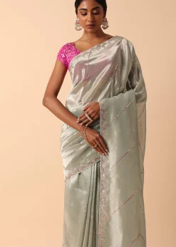 Grey Kora Silk Saree With Unstitched Blouse Fabric