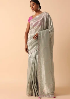 Grey Kora Silk Saree With Unstitched Blouse Fabric
