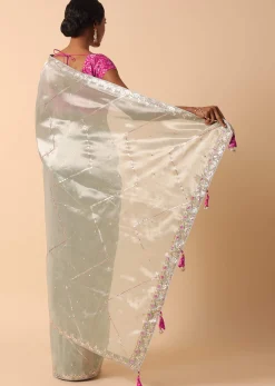 Grey Kora Silk Saree With Unstitched Blouse Fabric