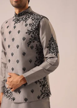 Grey Kurta And Jacket Set with Floral Hand Work And Beads