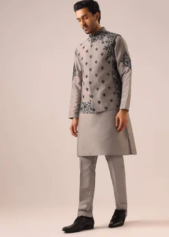 Grey Kurta And Jacket Set with Floral Hand Work And Beads