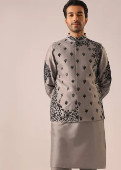 Grey Kurta And Jacket Set with Floral Hand Work And Beads