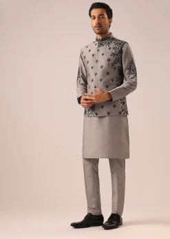 Grey Kurta And Jacket Set with Floral Hand Work And Beads