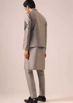 Grey Kurta And Jacket Set with Floral Hand Work And Beads