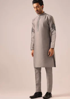 Grey Kurta And Jacket Set with Floral Hand Work And Beads