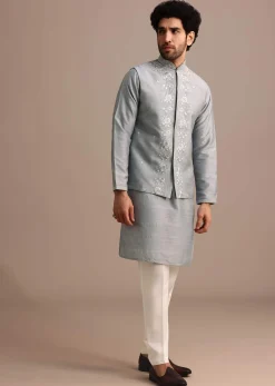 Grey Kurta Jacket Set With Thread Work And Mirror Embroidery For Men