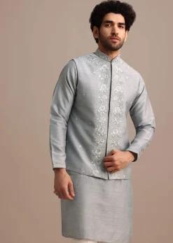 Grey Kurta Jacket Set With Thread Work And Mirror Embroidery For Men