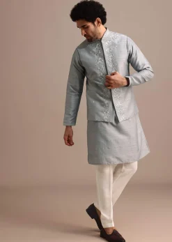 Grey Kurta Jacket Set With Thread Work And Mirror Embroidery For Men
