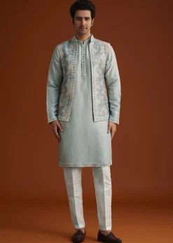 Grey Kurta Pant Set With Mirror Work Nehru Jacket