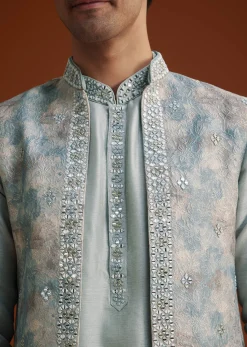 Grey Kurta Pant Set With Mirror Work Nehru Jacket