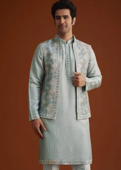 Grey Kurta Pant Set With Mirror Work Nehru Jacket