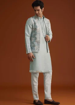 Grey Kurta Pant Set With Mirror Work Nehru Jacket