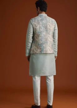 Grey Kurta Pant Set With Mirror Work Nehru Jacket