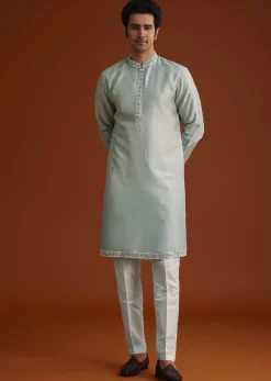 Grey Kurta Pant Set With Mirror Work Nehru Jacket