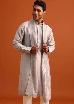 Grey Kurta Set In Raw Silk With Thread Work Dupatta