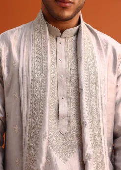 Grey Kurta Set In Raw Silk With Thread Work Dupatta