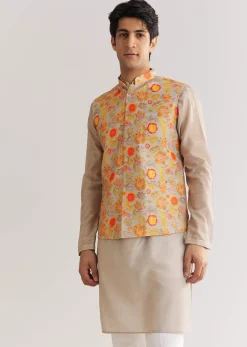 Grey Kurta Set With Floral Printed Jacket