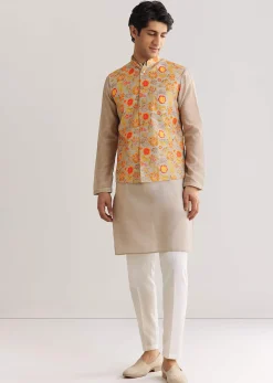 Grey Kurta Set With Floral Printed Jacket