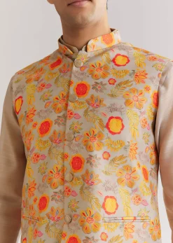 Grey Kurta Set With Floral Printed Jacket