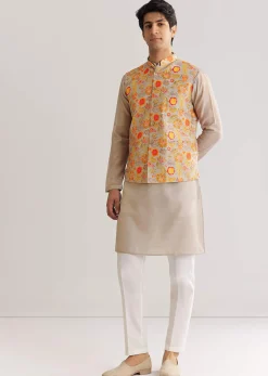 Grey Kurta Set With Floral Printed Jacket