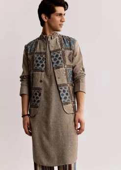 Grey Linen Kurta Jacket Set With Ajrakh Print