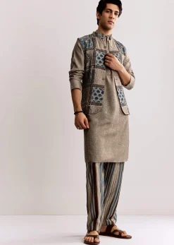 Grey Linen Kurta Jacket Set With Ajrakh Print