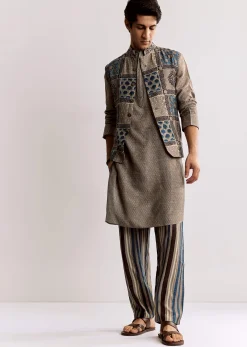 Grey Linen Kurta Jacket Set With Ajrakh Print