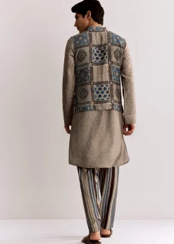 Grey Linen Kurta Jacket Set With Ajrakh Print