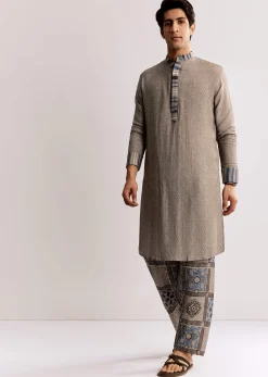 Grey Linen Kurta Set With Ajrakh Print
