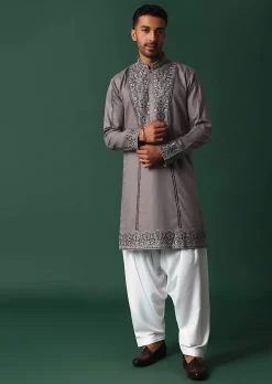Grey Linen Kurta Set With Handwork Embroidery