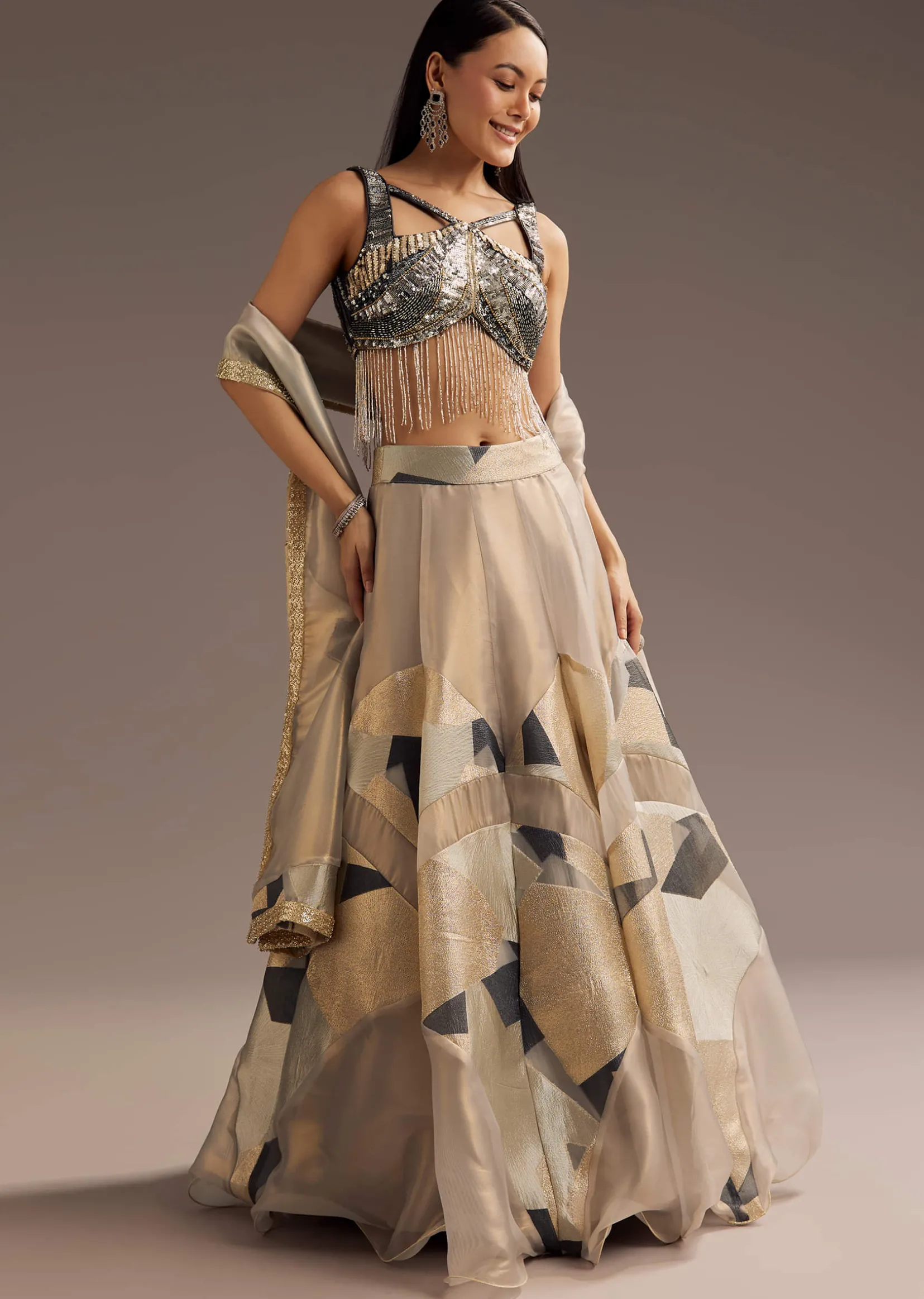 Grey Lurex Glitter Lehenga With Organza Dupatta