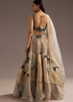 Grey Lurex Glitter Lehenga With Organza Dupatta