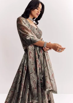 Grey Mirror Work Organza Tissue Lehenga Choli With Dupatta