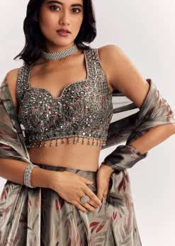 Grey Mirror Work Organza Tissue Lehenga Choli With Dupatta