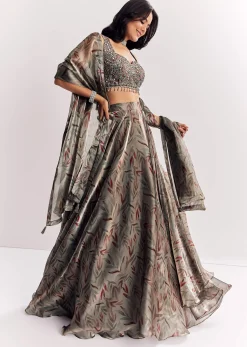Grey Mirror Work Organza Tissue Lehenga Choli With Dupatta