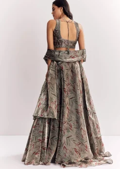 Grey Mirror Work Organza Tissue Lehenga Choli With Dupatta
