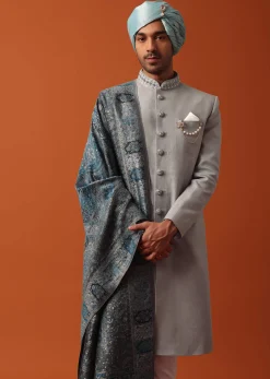Grey Neckline Embroidered Sherwani Set With Pashmina Dupatta