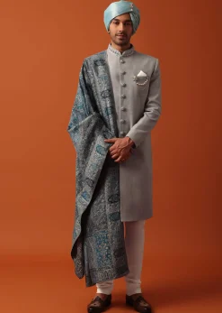 Grey Neckline Embroidered Sherwani Set With Pashmina Dupatta