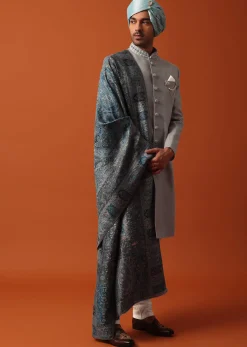Grey Neckline Embroidered Sherwani Set With Pashmina Dupatta