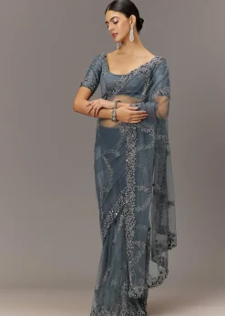 Grey Net Saree With All Over Heavy Embroidery And Net Blouse