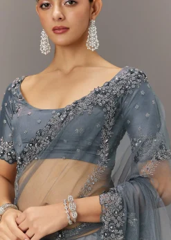 Grey Net Saree With All Over Heavy Embroidery And Net Blouse