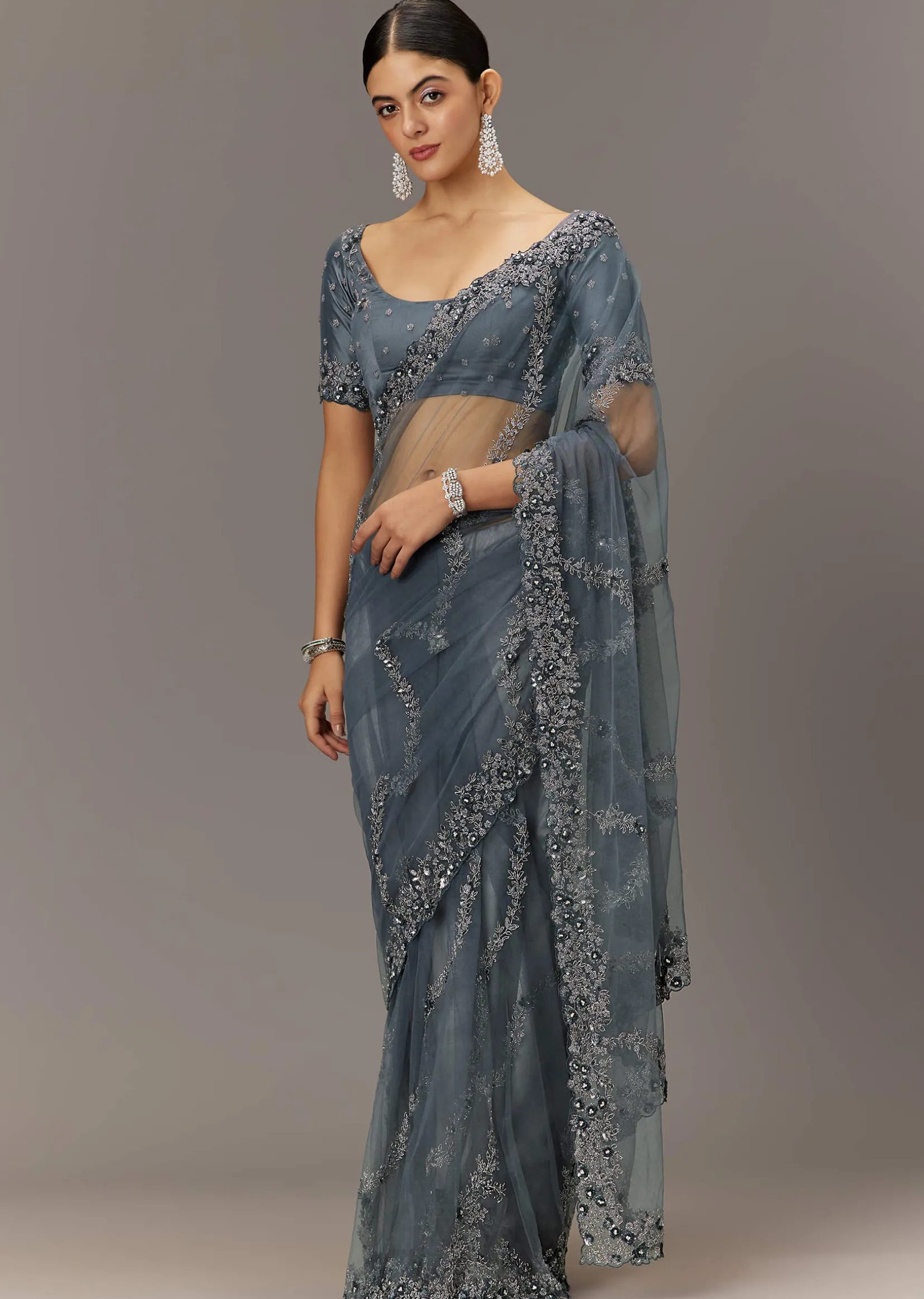 Grey Net Saree With All Over Heavy Embroidery And Net Blouse