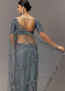 Grey Net Saree With All Over Heavy Embroidery And Net Blouse
