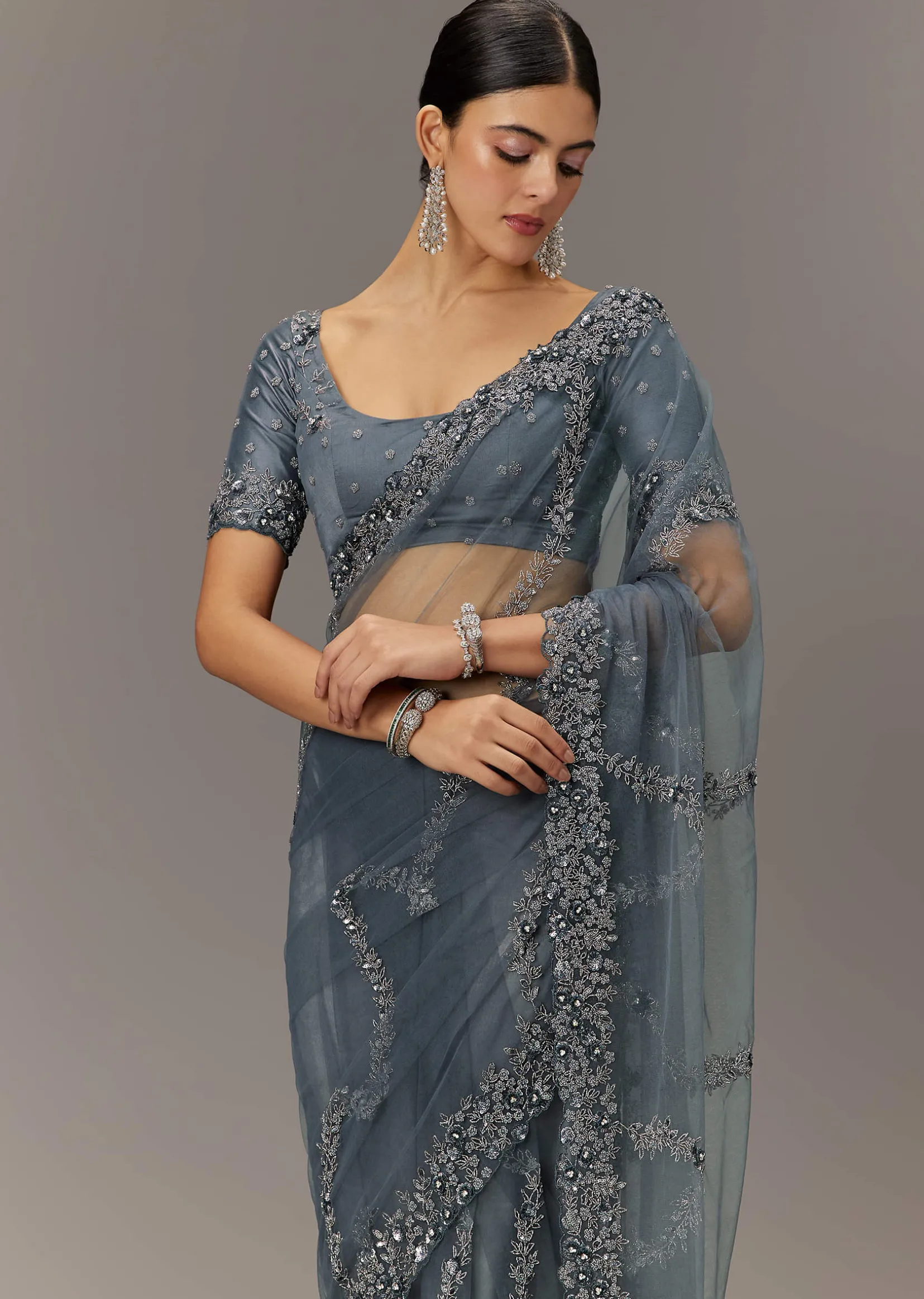 Grey Net Saree With All Over Heavy Embroidery And Net Blouse