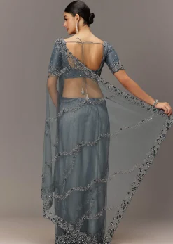 Grey Net Saree With All Over Heavy Embroidery And Net Blouse