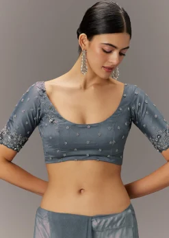 Grey Net Saree With All Over Heavy Embroidery And Net Blouse
