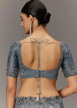 Grey Net Saree With All Over Heavy Embroidery And Net Blouse