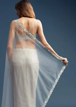 Grey Net Saree With Sequin And Bead Embroidery