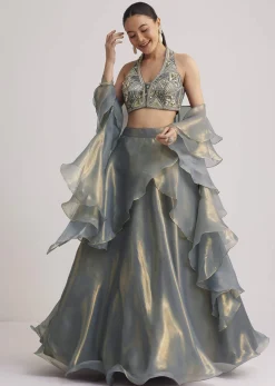 Grey Organza Embellished Lehenga Set With Dupatta